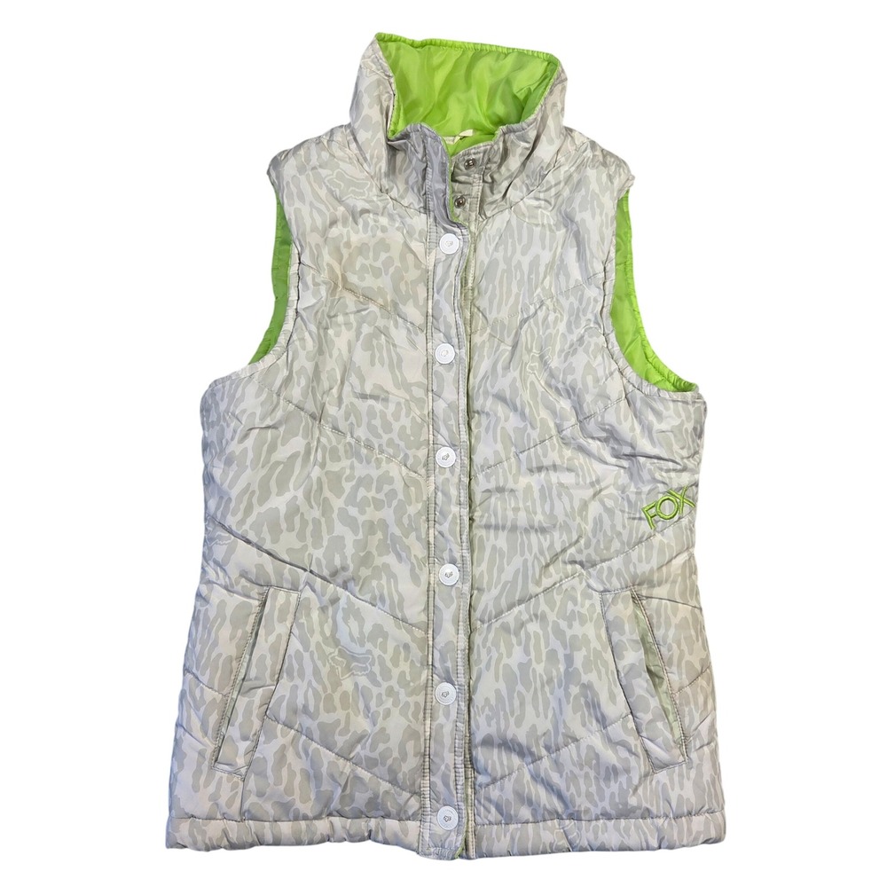 Fox Racing‎ Womens Reversible Puffer Vest Size Medium Green Cheetah Y2k Outdoors